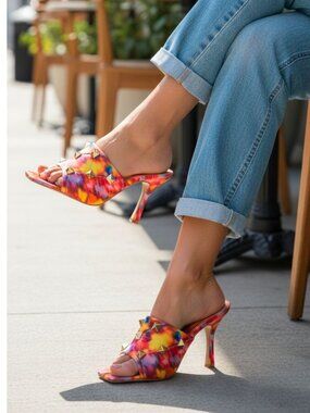 Colorful Tie-Dye Studded High Heel Mules With Quilted Detail & Open Toe Design F